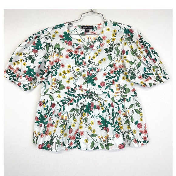 Nautica Jeans Co. Tops - Nautica Jeans Floral Peplum Blouse‎ White Puff Sleeve Women's XS